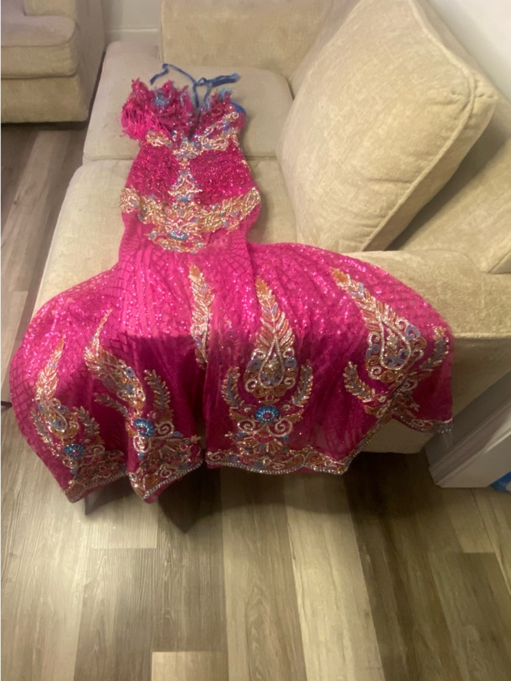 Ladies’ Hot Pink Sequined Party Dress with Gold Embroidery